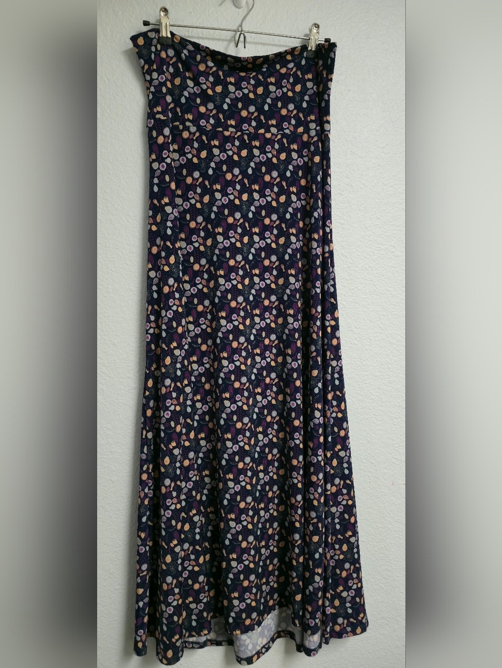 Lularoe Women's Navy Floral Maxi Skirt - Navy with Pink & Peach Dots